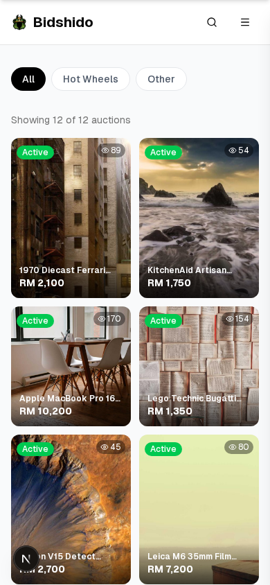 Bidshido homepage showing auction listings